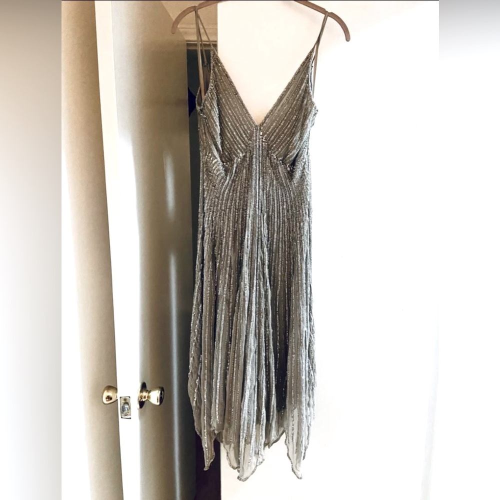 Vintage Stenay silver/gray dress gown silk with beads/sequins size 10